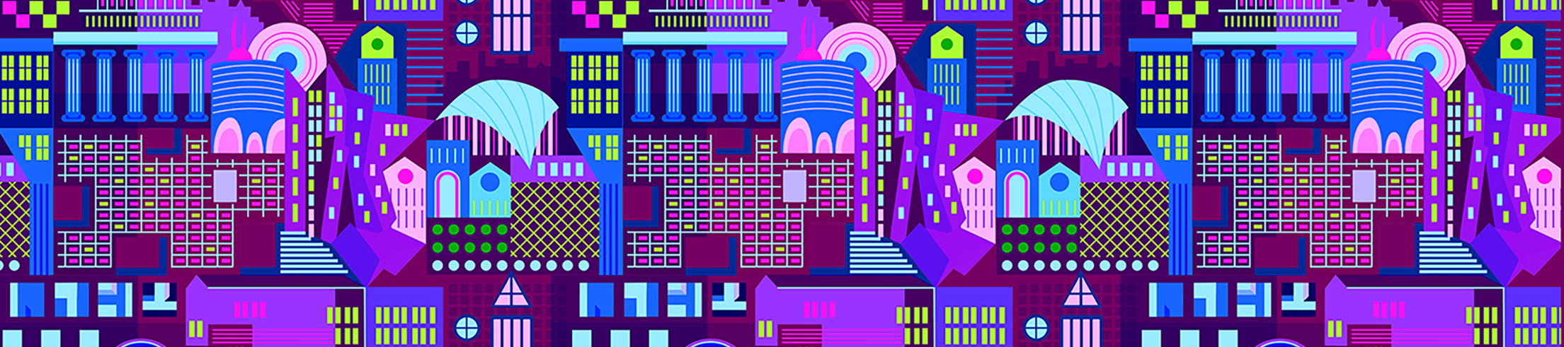 multi-colored design element with images representing MIT campus buildings