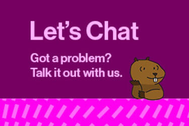 Illustration of MIT mascot Tim the Beaver against a purple background with a design element below and text above, 'Let’s Chat Got a problem? Talk it out with us.'