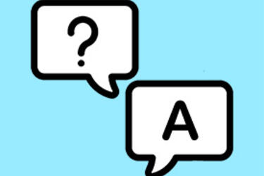two white speech bubbles outlined in black on a light green-blue background, one contains a question mark, the other a letter 'A'