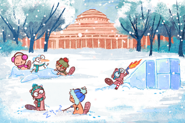 Illustration of four beavers playing in the snow in MIT’s Killian Court with the MIT dome visible in the background