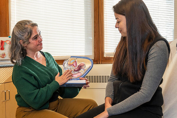 a clinicial and pateint sit facing each other in an exam room. The clinician holds a model of the female reproductive system